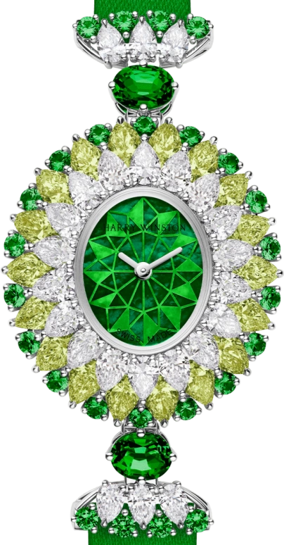 Harry Winston,High Jewelry Timepieces 29.6x31.85mm,29.6x31.85mm,Platinum,Green,Quartz,In-house Caliber,Mother of Pearl,HJTQHM29PP006