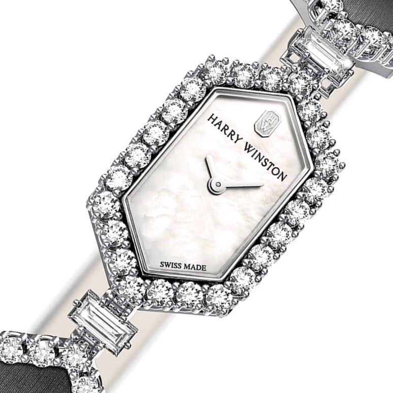 Harry Winston,High Jewelry Timepieces 18x30mm,18x30mm,Platinum,White,Quartz,In-house Caliber,Mother of Pearl,HJTQHM18PP006