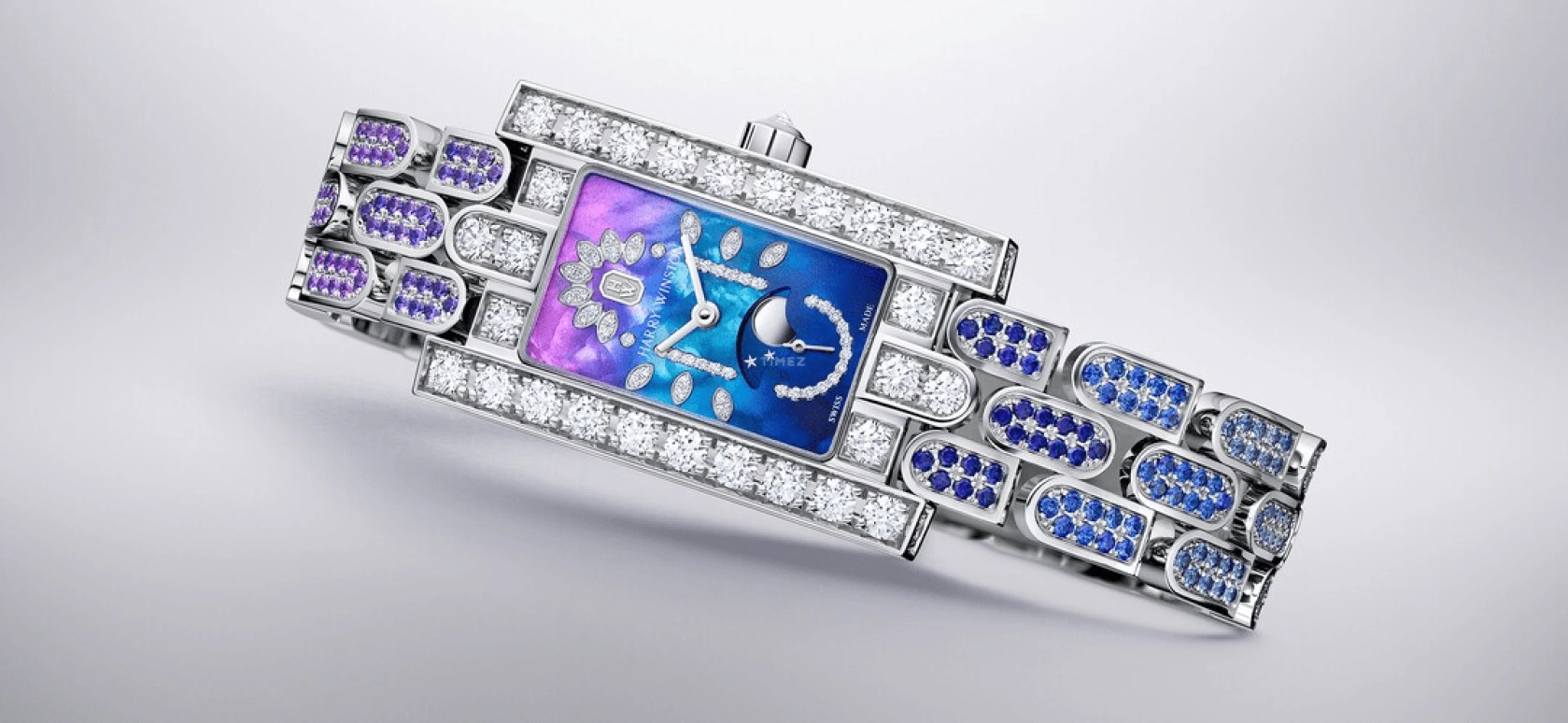 Harry Winston,The Avenue 21.4x36.1mm,21.4x36.1mm,Gold,White Gold,Blue,Purple,Quartz,In-house Caliber,Mother of Pearl,AVEQMP21WW003