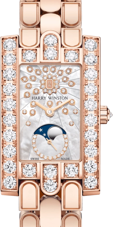 Harry Winston,The Avenue 21.4x36.1mm,21.4x36.1mm,Rose Gold,Gold,White,Quartz,In-house Caliber,Gold,Mother of Pearl,Emerald,AVEQMP21RR005