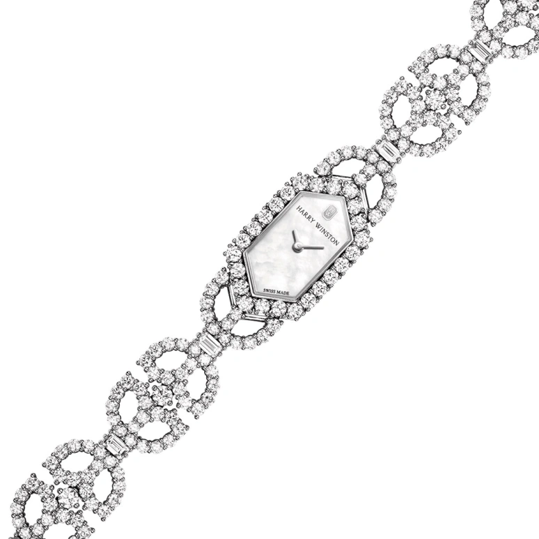 Harry Winston,High Jewelry Timepieces 18x30mm,18x30mm,Platinum,White,Quartz,In-house Caliber,Mother of Pearl,HJTQHM18PP005