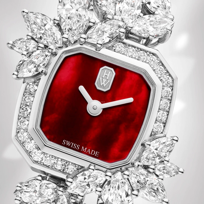 Harry Winston,High Jewelry Timepieces 17.5x17.5mm,17.5x17.5mm,Platinum,Red,Quartz,In-house Caliber,Mother of Pearl,HJTQHM18PP015