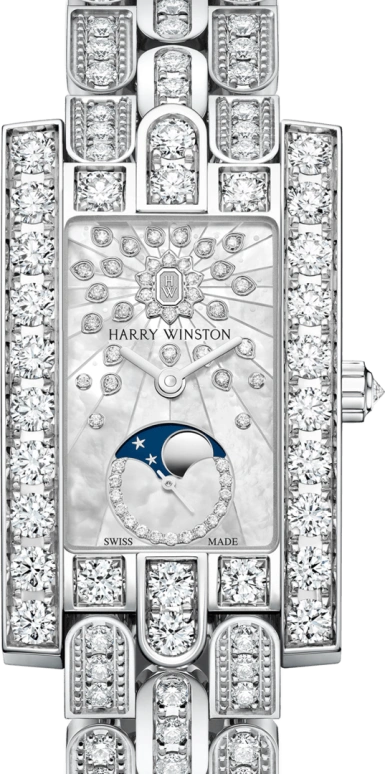 Harry Winston,The Avenue 21.4x36.1mm,21.4x36.1mm,Gold,White Gold,White,Quartz,In-house Caliber,Gold,Mother of Pearl,Emerald,AVEQMP21WW010