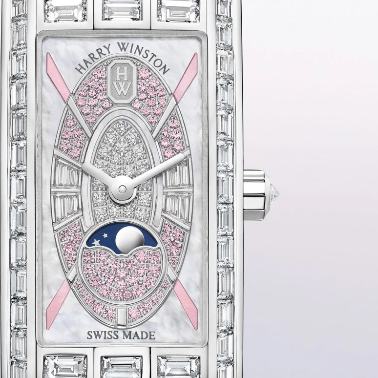Harry Winston,The Avenue 15.6x32.3mm,15.6x32.3mm,Gold,White Gold,White,Blue,Pink,Quartz,In-house Caliber,Mother of Pearl,AVCQMP16WW006