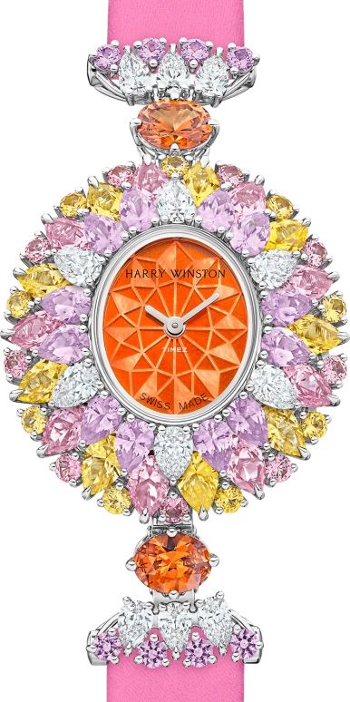 Harry Winston,High Jewelry Timepieces 29.60x31.80mm,29.60x31.80mm,Platinum,Orange,Quartz,In-house Caliber,Oval,HJTQHM29PP011