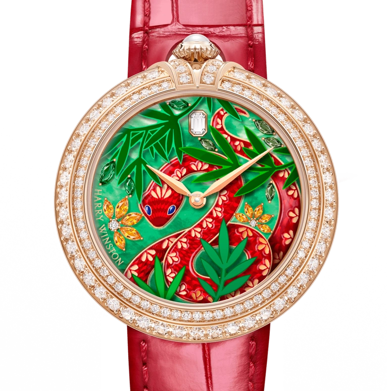 Harry Winston,Moments 36mm,36mm,Rose Gold,Multi-Color,Red,Green,Automatic,In-house Caliber,Sapphire,Crystal Glass,snake,MMTAHM36RR002