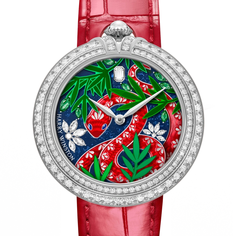 Harry Winston,Moments 36mm,36mm,White Gold,Multi-Color,Green,Blue,Red,Automatic,In-house Caliber,Sapphire,Crystal Glass,snake,MMTAHM36WW001