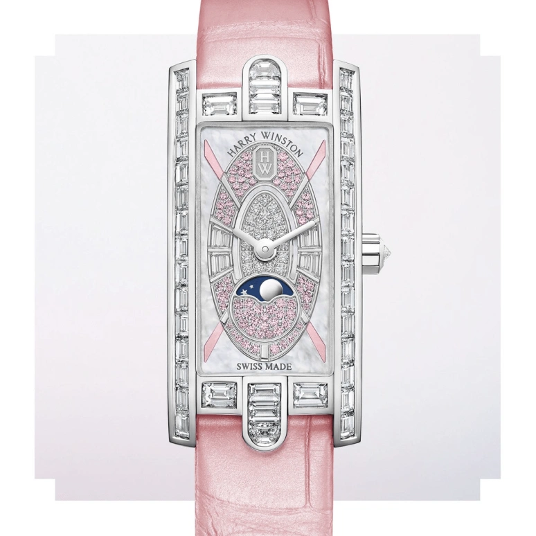 Harry Winston,The Avenue 15.6x32.3mm,15.6x32.3mm,Gold,White Gold,White,Blue,Pink,Quartz,In-house Caliber,Mother of Pearl,AVCQMP16WW006