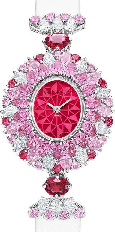 Harry Winston,High Jewelry Timepieces 29.60x31.80mm,29.60x31.80mm,Platinum,Pink Red,Quartz,In-house Caliber,Oval,HJTQHM29PP008