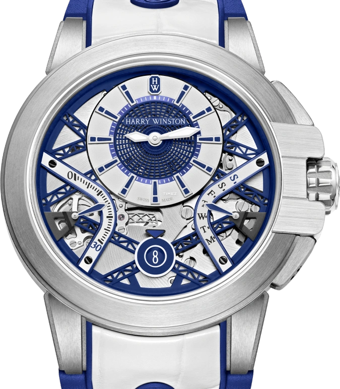 Harry Winston,The Ocean 42.20mm,42.20mm,Zalium,Silver,Blue,Automatic,Date,Day,Jumping Seconds,Retrograde,In-house Caliber,Round,OCEABI42ZZ006
