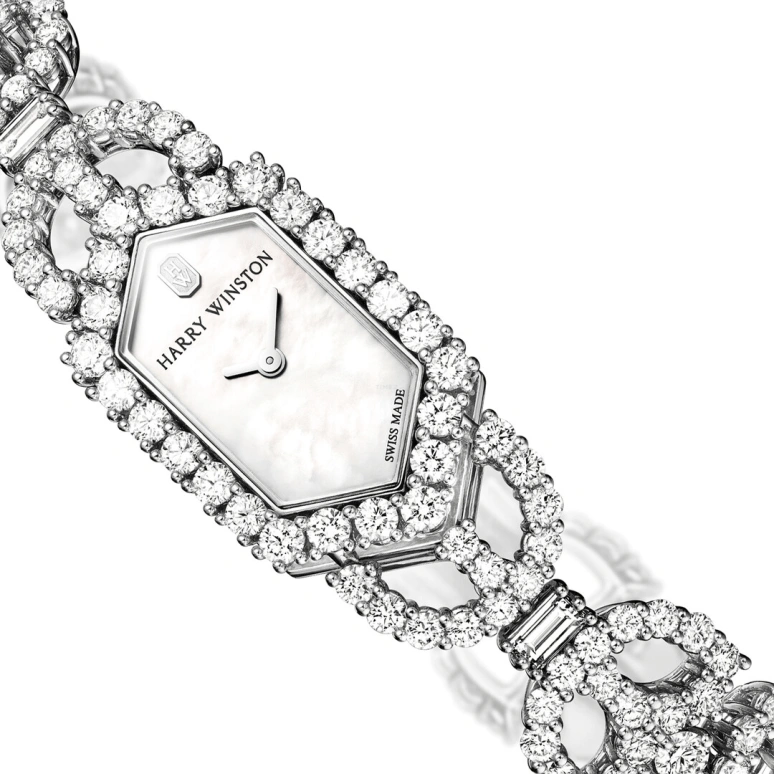 Harry Winston,High Jewelry Timepieces 18x30mm,18x30mm,Platinum,White,Quartz,In-house Caliber,Mother of Pearl,HJTQHM18PP005