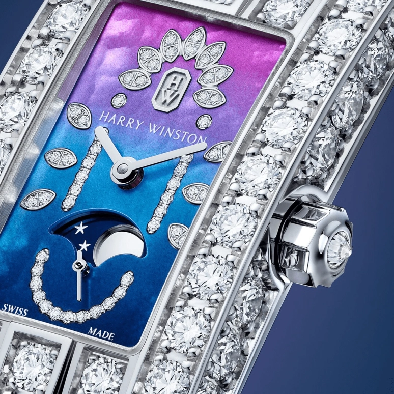 Harry Winston,The Avenue 21.4x36.1mm,21.4x36.1mm,Gold,White Gold,Blue,Purple,Quartz,In-house Caliber,Mother of Pearl,AVEQMP21WW002