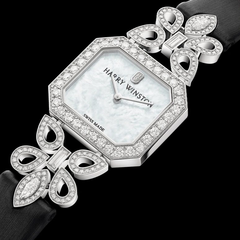 Harry Winston,High Jewelry Timepieces 25.3x23.1mm,25.3x23.1mm,Gold,White Gold,Grey,Quartz,In-house Caliber,Mother of Pearl,HJTQHM25WW001