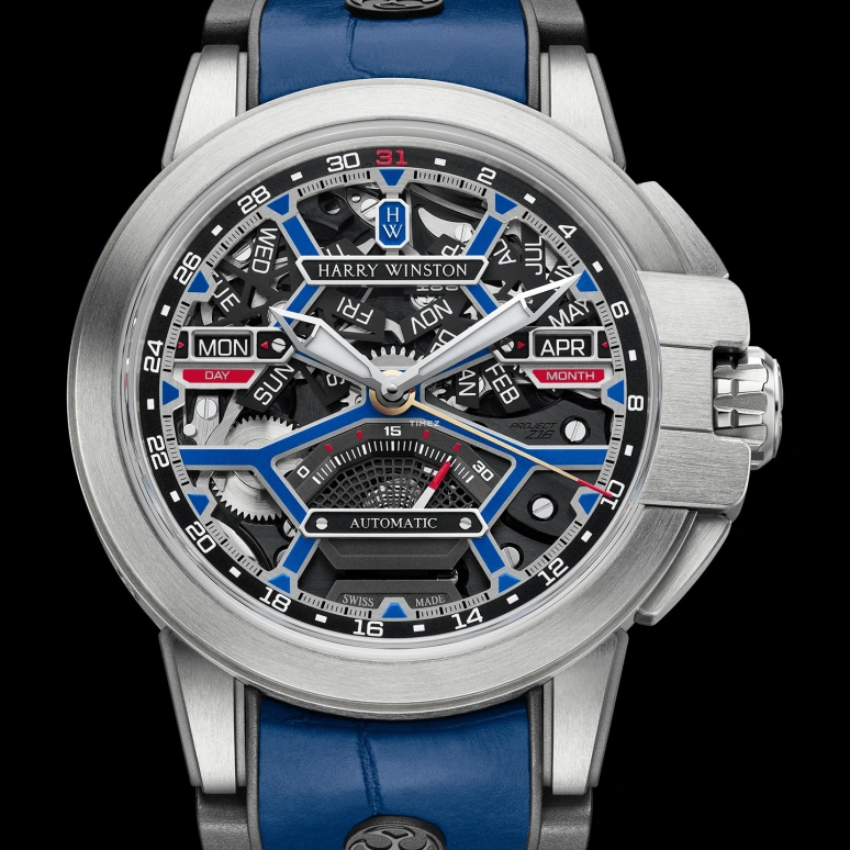 Harry Winston,The Ocean 42.20mm,42.20mm,Zalium,Grey,Skeleton,Automatic,Month,Date,Day,Retrograde,Sapphire,Hardlex,Round,OCEACC42ZZ001