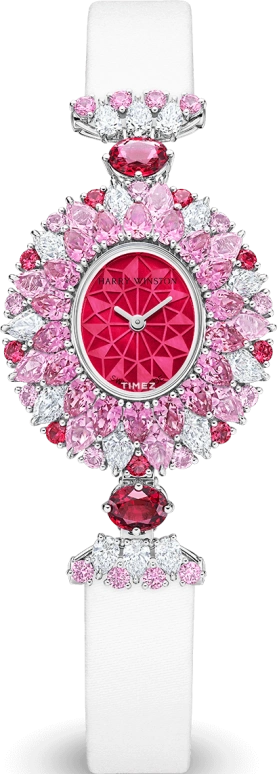 Harry Winston,High Jewelry Timepieces 29.60x31.80mm,29.60x31.80mm,Platinum,Pink Red,Quartz,In-house Caliber,Oval,HJTQHM29PP008