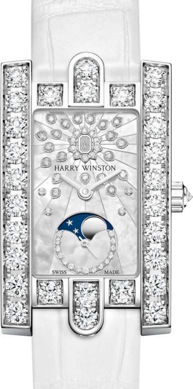 Harry Winston,The Avenue 21.4x36.1mm,21.4x36.1mm,Gold,White Gold,White,Quartz,In-house Caliber,Gold,Mother of Pearl,Emerald,AVEQMP21WW008