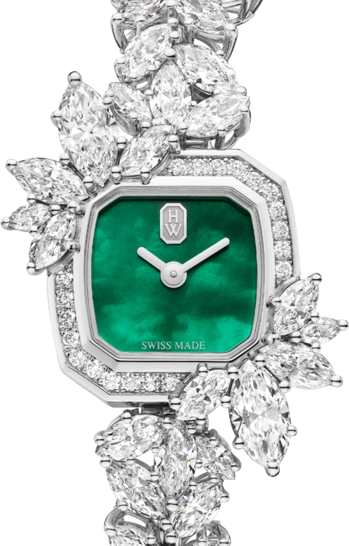 Harry Winston,High Jewelry Timepieces 17.5x17.5mm,17.5x17.5mm,Platinum,Green,Quartz,In-house Caliber,Mother of Pearl,HJTQHM18PP010