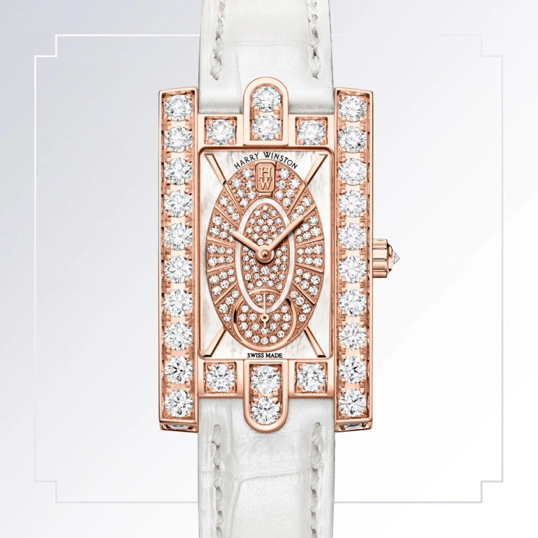Harry Winston,The Avenue 21.4x36.1mm,21.4x36.1mm,Rose Gold,Gold,White,Quartz,In-house Caliber,Mother of Pearl,AVEQHM21RR112