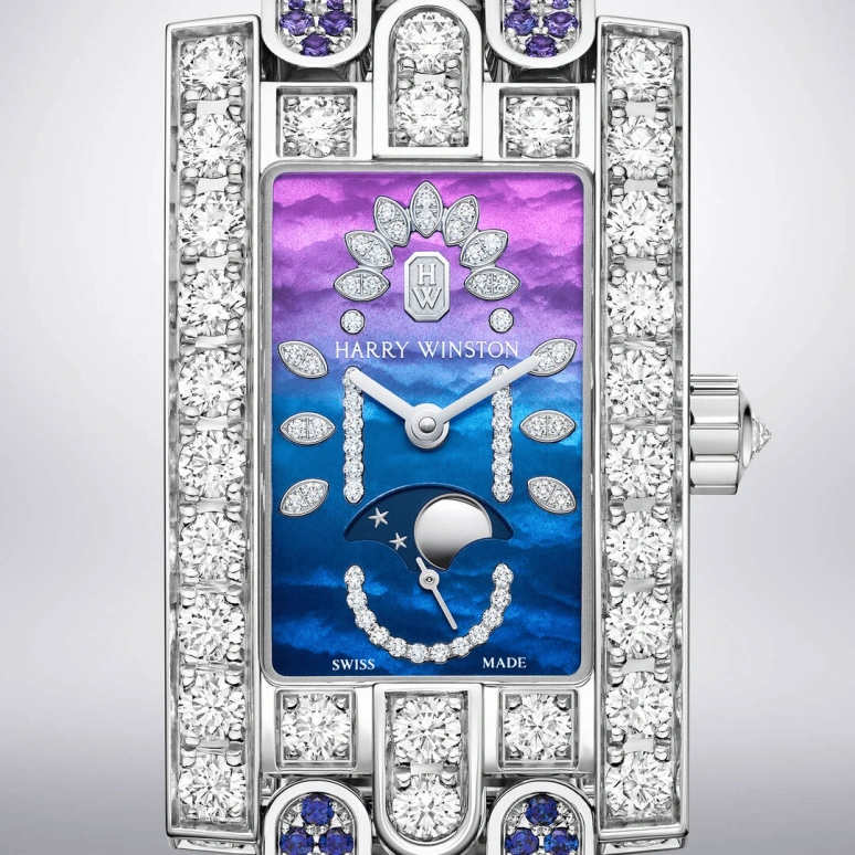 Harry Winston,The Avenue 21.4x36.1mm,21.4x36.1mm,Gold,White Gold,Blue,Purple,Quartz,In-house Caliber,Mother of Pearl,AVEQMP21WW003