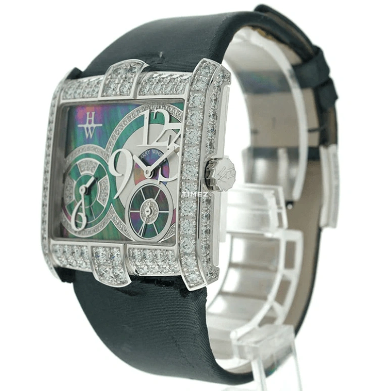 Harry Winston,The Avenue 36.20x37.40mm,36.20x37.40mm,White Gold,Multi-Color,Black,Quartz,Dule Time,Sapphire,Crystal Glass,AVSQTZ38WW010