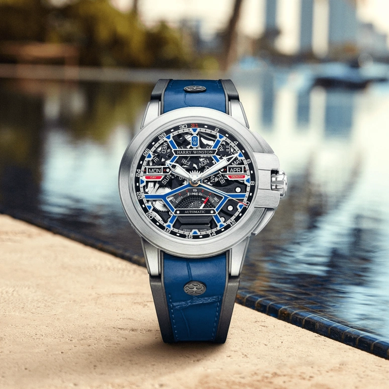 Harry Winston,The Ocean 42.20mm,42.20mm,Zalium,Grey,Skeleton,Automatic,Month,Date,Day,Retrograde,Sapphire,Hardlex,Round,OCEACC42ZZ001