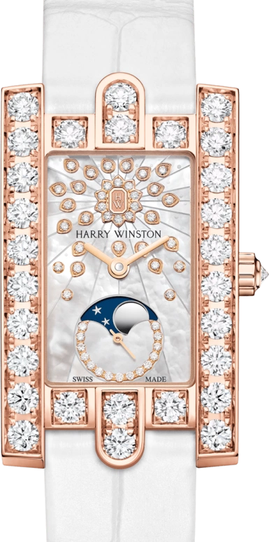 Harry Winston,The Avenue 21.4x36.1mm,21.4x36.1mm,Rose Gold,Gold,White,Quartz,In-house Caliber,Gold,Mother of Pearl,Emerald,AVEQMP21RR004