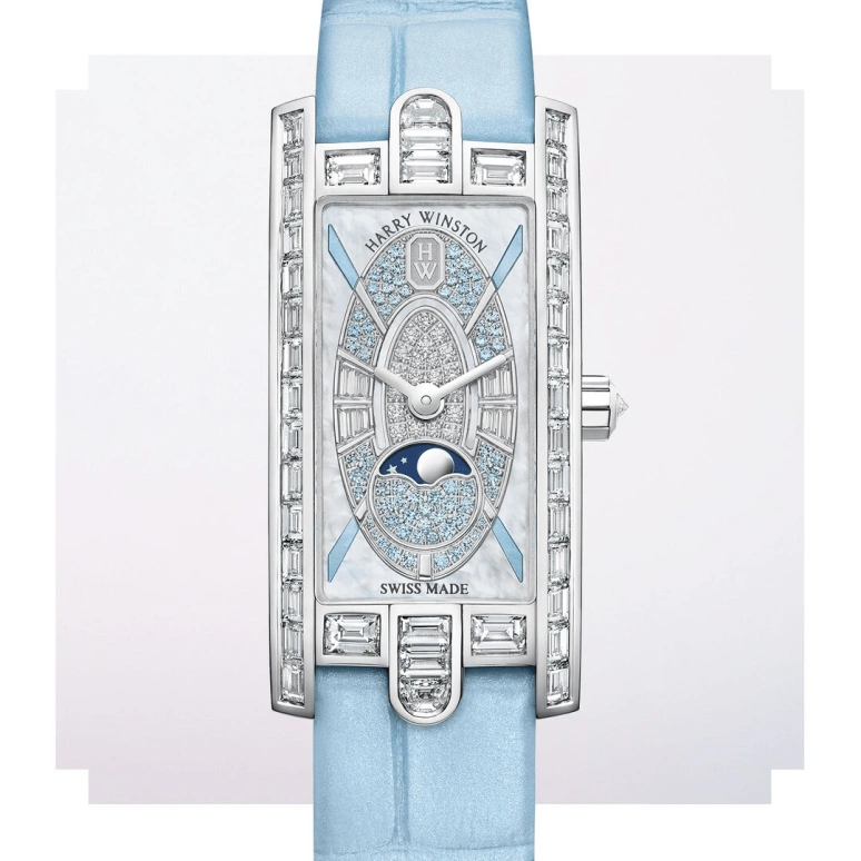 Harry Winston,The Avenue 15.6x32.3mm,15.6x32.3mm,Gold,White Gold,White,Blue,Quartz,In-house Caliber,Mother of Pearl,AVCQMP16WW007
