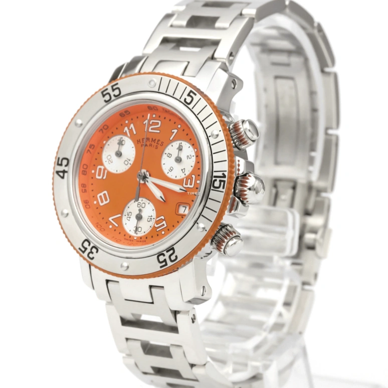 Hermès,Clipper 33mm,33mm,Stainless Steel,Orange,Quartz,Chronograph,Day,CL2,CL2.316.830/3841
