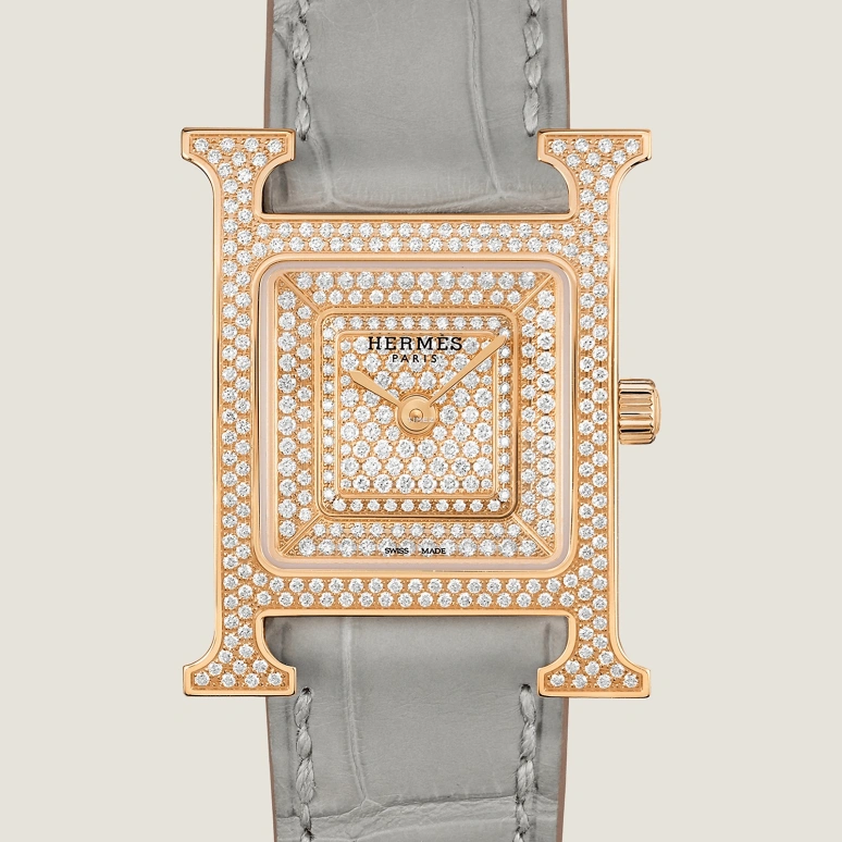 Hermès,Heure H 25x21mm,25x21mm,Rose Gold,Rose Gold,Silver,Quartz,Sapphire,Crystal Glass,Square,W057926WW00
