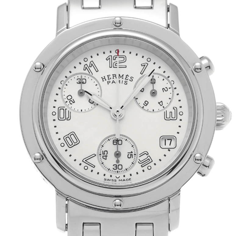 Hermès,Clipper 31mm,31mm,Stainless Steel,White,Quartz,Chronograph,Day,CL1,CL1.310.212/3842