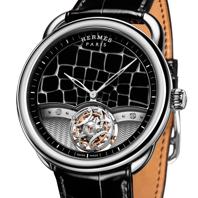 Hermès,Arceau 43mm,43mm,White Gold,Black,Handwound,Tourbillon,90hours,ARCEAU LIFT MILLEFIORIS CROCO NOIR