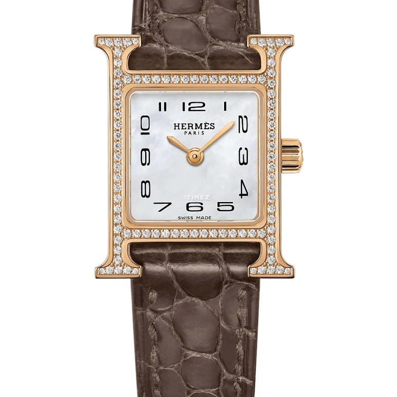 Hermès,Heure H 21mm,21mm,Rose Gold,White,Quartz,Sapphire,Square,W053095WW00