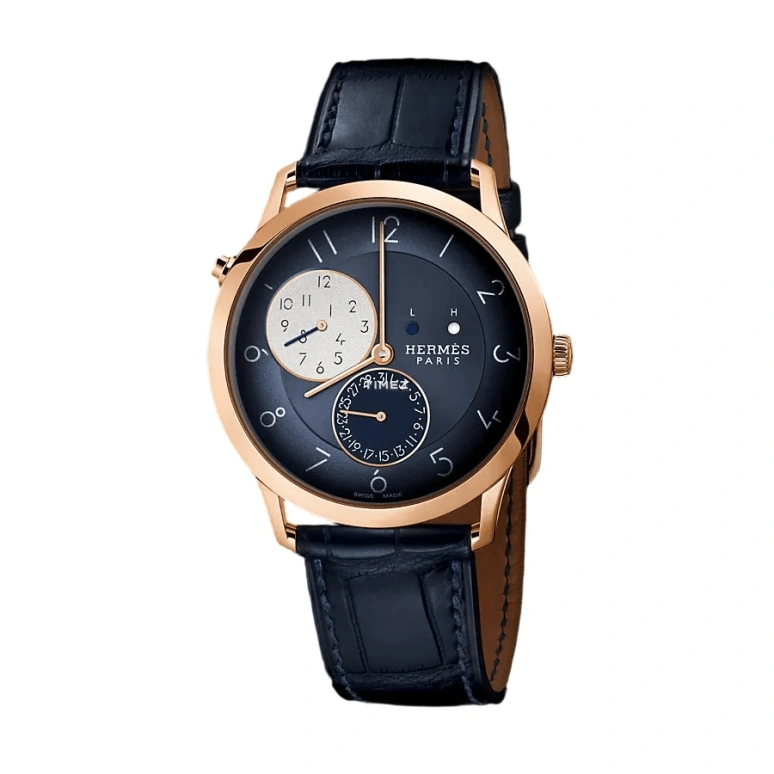 Hermès,Slim d'Hermès 39.50mm,39.50mm,Rose Gold,White,Silver,Blue,Automatic,Day,Dule Time,Day / Night Indication,W049448WW00