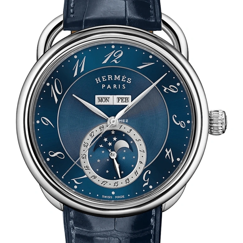 Hermès,Arceau 43mm,43mm,Stainless Steel,Blue,Automatic,Moonphase,Month,Date,Day,Sapphire,Glass,Round,W053222WW00