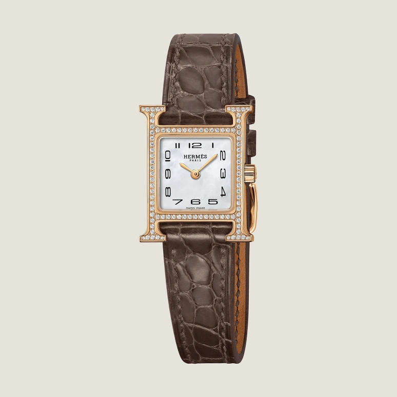 Hermès,Heure H 21mm,21mm,Rose Gold,White,Quartz,Sapphire,Square,W053095WW00