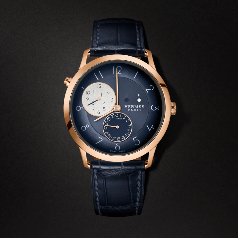 Hermès,Slim d'Hermès 39.50mm,39.50mm,Rose Gold,White,Silver,Blue,Automatic,Day,Dule Time,Day / Night Indication,W049448WW00