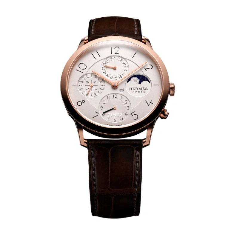 Hermès,Slim d'Hermès 39.50mm,39.50mm,Rose Gold,Silver,Automatic,Moonphase,Perpetual Calendar,Month,Day,42hours,In-house Caliber,SLIM D HERMES PERPETUAL CALENDAR