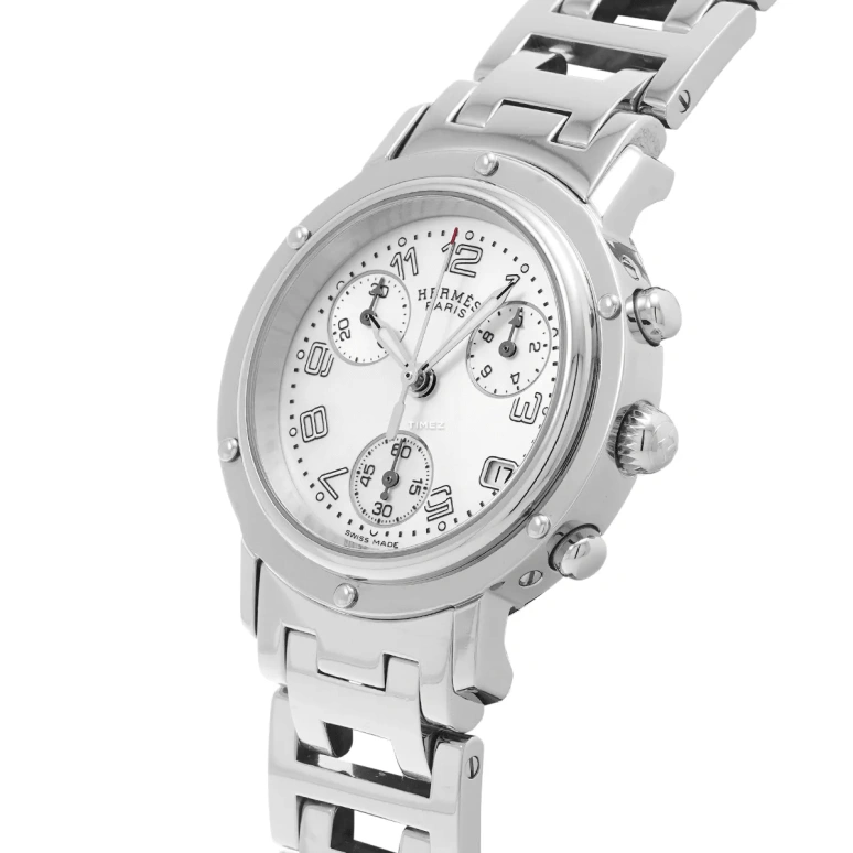 Hermès,Clipper 31mm,31mm,Stainless Steel,White,Quartz,Chronograph,Day,CL1,CL1.310.212/3842