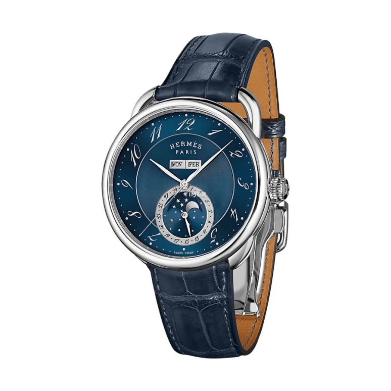 Hermès,Arceau 43mm,43mm,Stainless Steel,Blue,Automatic,Moonphase,Month,Date,Day,Sapphire,Glass,Round,W053222WW00