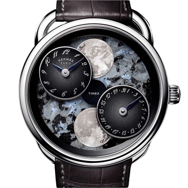 Hermès,Arceau 43mm,43mm,White Gold,White,Black,Silver,Blue,Automatic,Day,Moon position/rising Time,LHEURE DE LA LUNE