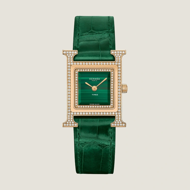 Hermès,Heure H 25x21mm,25x21mm,Rose Gold,Green,Quartz,Sapphire,Crystal Glass,Square,W054095WW00