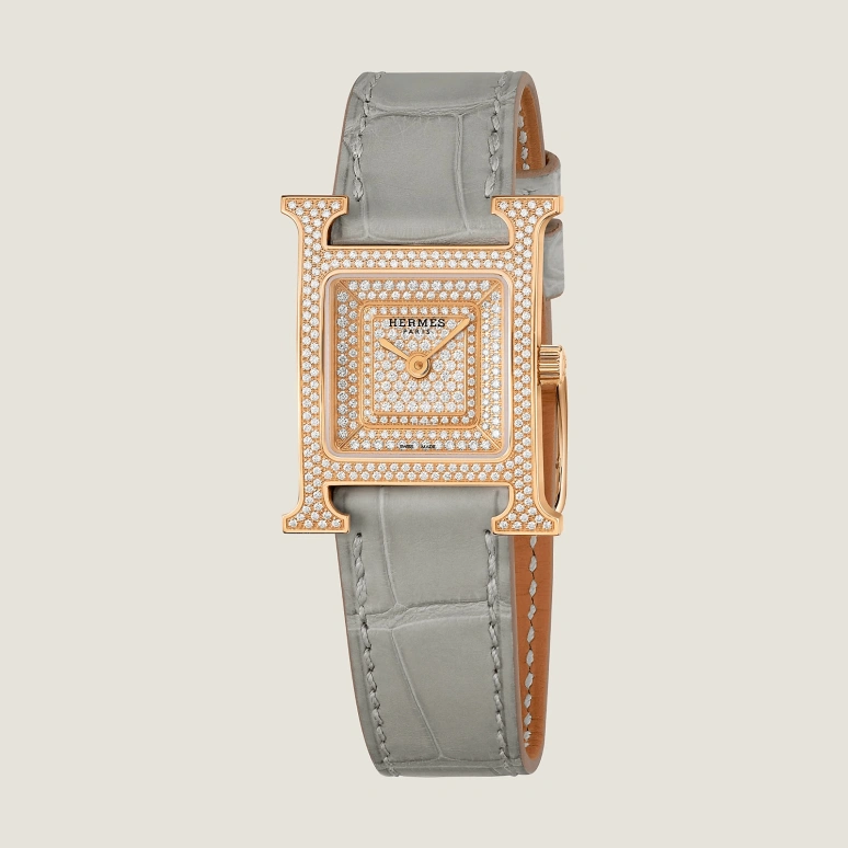Hermès,Heure H 25x21mm,25x21mm,Rose Gold,Rose Gold,Silver,Quartz,Sapphire,Crystal Glass,Square,W057926WW00