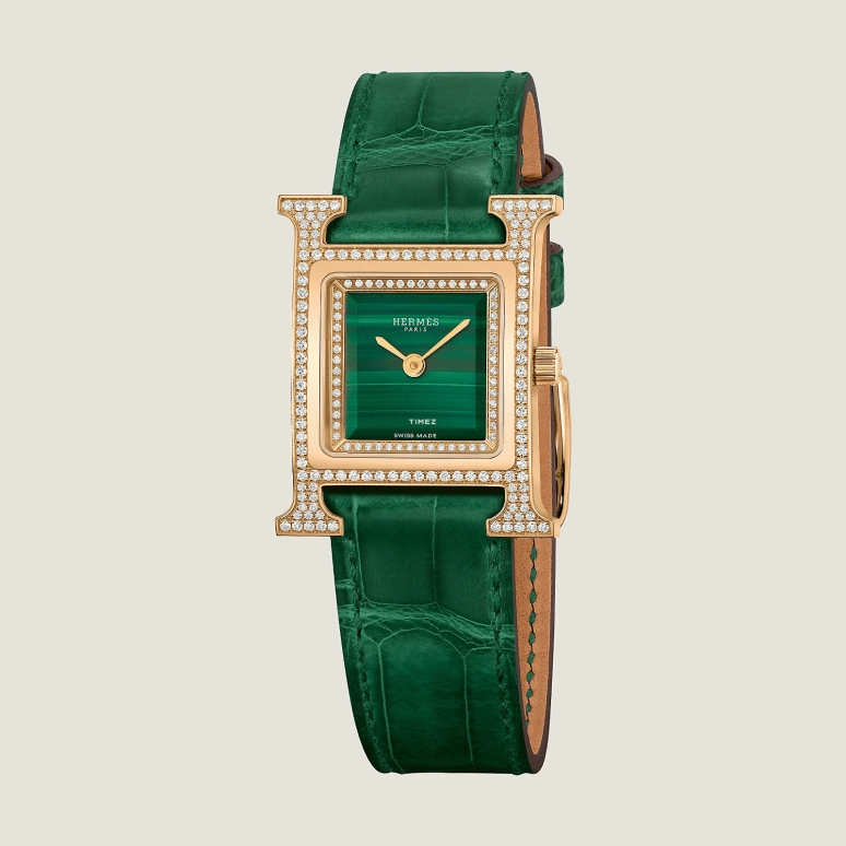 Hermès,Heure H 25x21mm,25x21mm,Rose Gold,Green,Quartz,Sapphire,Crystal Glass,Square,W054095WW00