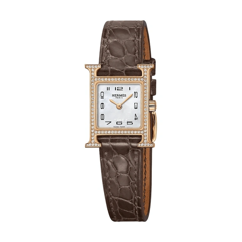 Hermès,Heure H 21mm,21mm,Rose Gold,White,Quartz,Sapphire,Square,W053095WW00