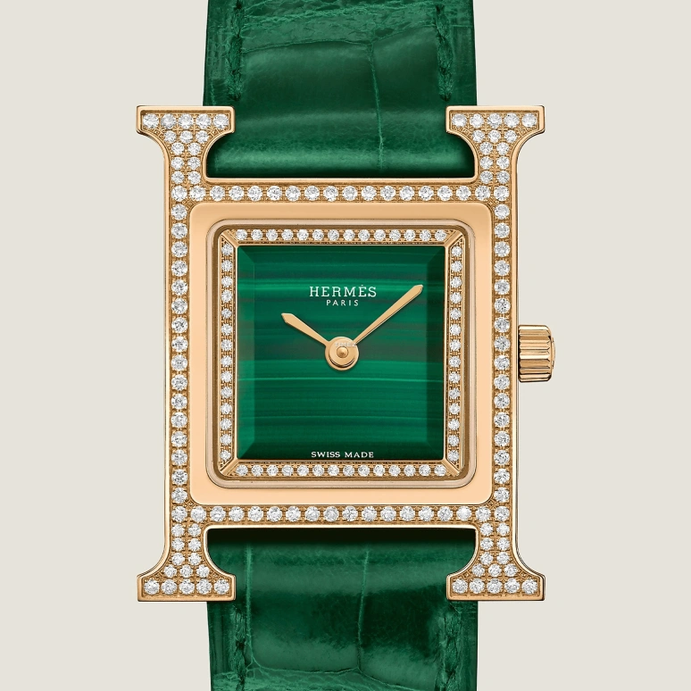 Hermès,Heure H 25x21mm,25x21mm,Rose Gold,Green,Quartz,Sapphire,Crystal Glass,Square,W054095WW00
