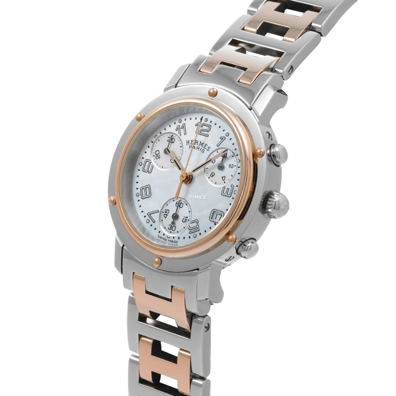 Hermès,Clipper 31mm,31mm,Stainless Steel,White,Quartz,Chronograph,Day,CL1,CL1.321.214.3833