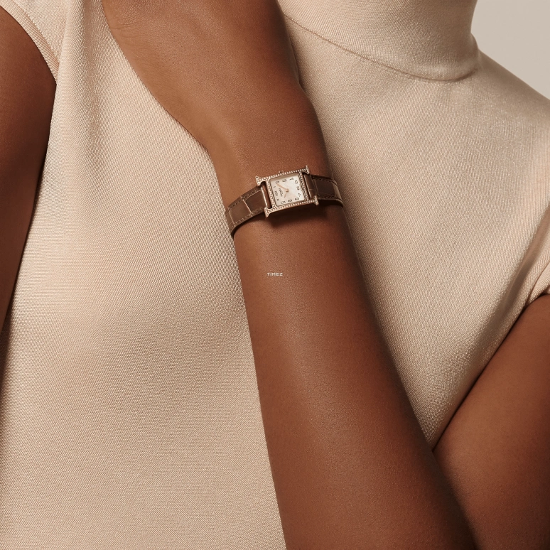Hermès,Heure H 21mm,21mm,Rose Gold,White,Quartz,Sapphire,Square,W053095WW00