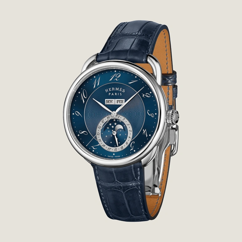 Hermès,Arceau 43mm,43mm,Stainless Steel,Blue,Automatic,Moonphase,Month,Date,Day,Sapphire,Crystal Glass,Round,W053222WW00