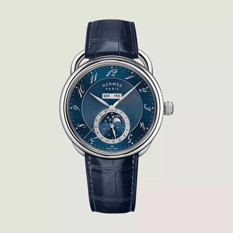 Hermès,Arceau 43mm,43mm,Stainless Steel,Blue,Automatic,Moonphase,Month,Date,Day,Sapphire,Crystal Glass,Round,W053222WW00