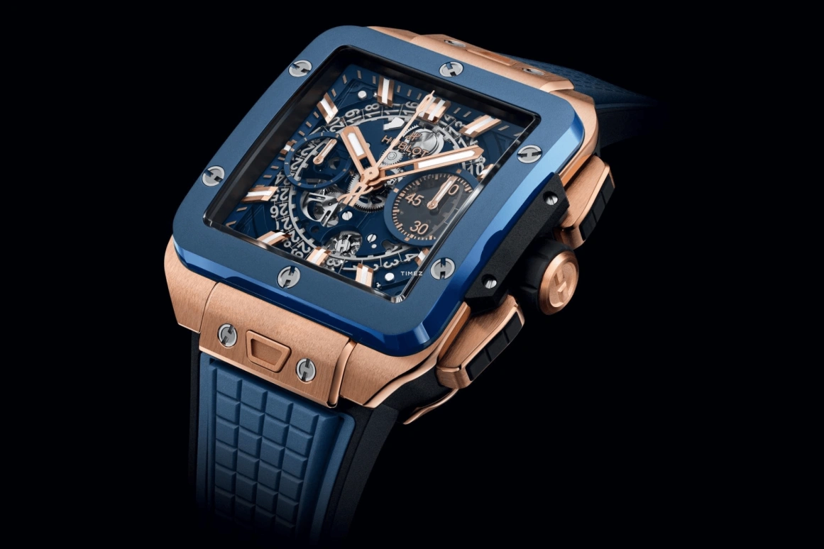 Hublot,Square Bang 42mm,42mm,KING GOLD,Ceramic,Blue,Automatic,Chronograph,Day,Flyback,821,821.OL.5180.RX